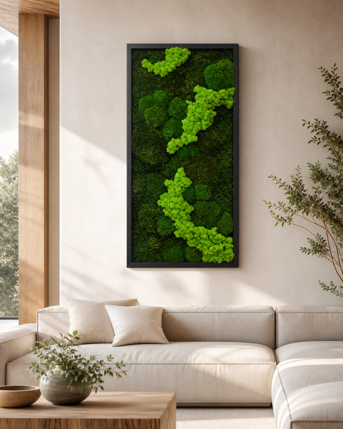 Evermoss Grønn Strøm™: Vertikalt mosebilde med naturlig flyt og 3D-struktur